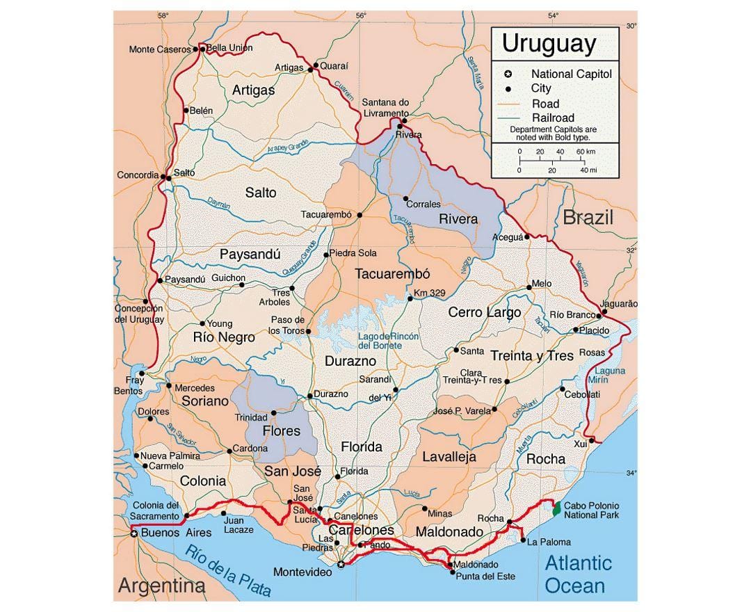 Мапа на Уругвај со citie